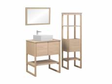 Meuble de salle de bain chêne 70 cm + colonne de rangement chêne 145 cm atoll + miroir + vasque carrée 36 cm