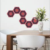 Sticker Carrelage Adhésif 15x15cm x6, Autocollant Hexagonale Décoratif, Style Ancien Tapis, Tons Rouges. - Rouge