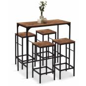 Table haute de bar dayton 100 cm et 4 tabourets bois foncé effet vieilli et noir design industriel - Bois-foncé