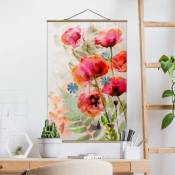 Tableau en tissu avec baguettes de suspension - Watercolor Poppy Flowers - Portrait 3:2 Dimension HxL: 75cm x 50cm Matériau: Chêne