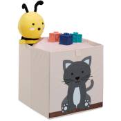 Bac de rangement pour enfants, motif chat, HxLxP : 33x33x33 cm, boîte en tissu, panier à jouets, beige/gris - Relaxdays