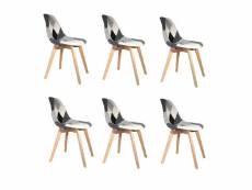 Lot de 6 chaises patchwork noir et blanc | h 85 x p 54 x l 46,50 cm | pieds en bois brut | design scandinave