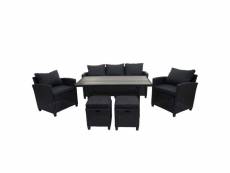 Salon de jardin ensemble table fauteuils poufs en polyrotin lounge noir coussin anthracite 04_0004223