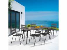 Salon de jardin valencia en acier table 180 cm et 6 chaises empilables gris anthracite