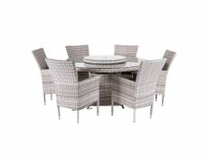 Table ronde 150cm et 6 fauteuils aluminium gris plat