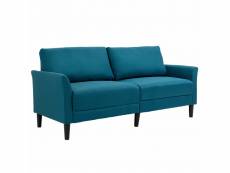 Canapé 2 places style contemporain assises larges profondes accoudoirs courbés piètement effilé bois hévéa noir polyester bleu canard