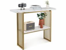Costway table console bout de canapé à 2 niveaux effet marbre de style scandinave, cadre en métal meuble pour entrée, salon, chambre, doré