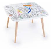 Sweeek - Table enfant à colorier – Coloritable Les drôles de bouilles. Made in Europe. effaçable. 60x60cm. pieds ronds en bois. feutres fournis