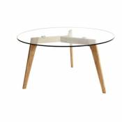 Table basse ronde design bois et verre beige