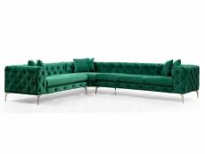 Canapé d'angle droit capitonné velours vert et pieds chromés herakles 270 cm