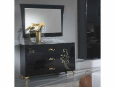 Commode 3 tiroirs et miroir laque noir brillant - or