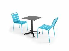 Ensemble table de jardin stratifié ardoise foncé et 2 chaises bleu