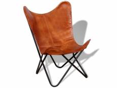 Fauteuil chaise siège lounge design club sofa salon papillon cuir véritable marron helloshop26 1102094par3