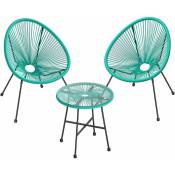 Songmics - Salon de jardin extérieur, Ensemble de 3 meubles acapulco, 2 chaises, 1 table verre trempé - Turquoise GGF013C02
