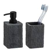 WENKO Set accessoires salle de bain, gobelet brosse à dent, distributeur savon liquide, Villata, aspect -béton-