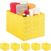 6x Paniers de rangement avec poignée, plastique, aspect tressé, 26 x 40 x 30 cm, corbeille salle de bain, boîte, jaune