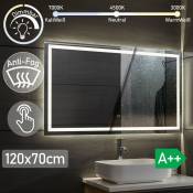 Aquamarin® Miroir Salle de Bain LED - 120 x 70 cm, CEE:A++, Tactile, Mural, Éclairage Blanc Froid/Chaud/Neutre, Fonction Mémoire, Anti-Buée - Miroir