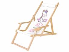 Chaise longue pliable en bois avec accoudoirs et porte-gobelet blanc motif licorne [119]