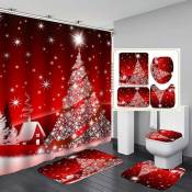 Ensemble de 4 rideaux de douche de Noël avec tapis de bain, tapis et tapis de toilette pour salle de bain, rideau de douche de Noël rouge imperméable