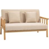 Homcom - Canapé lounge 2 places - 2 coussins inclus - assise profonde - accoudoirs - structure bois hévéa - aspect lin beige - Beige