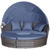 Outsunny Lit canapé de jardin modulable pare-soleil pliable 5 coussins 3 oreillers 180L x 175l x 147H cm résine tressée grise polyester bleu