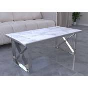 Table basse rectangulaire effet marbre blanc et pieds