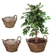3 pots de fleurs en bois, chacun ayant une taille différente,