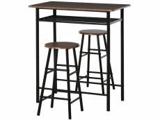 Ensemble table de bar design industriel + 2 tabourets mdf imitation bois noyer métal noir