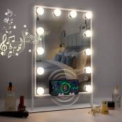 Fenchilin - Miroir de maquillage intelligent Avec Bluetooth et miroir led rechargeable sans fil 12 ampoules led dimmables blanc 30cm x 41cm