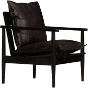 Helloshop26 - Fauteuil chaise siège lounge design club sofa salon cuir véritable avec bois d'acacia noir