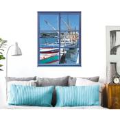 Plage - Sticker Fenêtre 3D Port de Mer, 60x75cm - Décoration Murale Navires Trompe l'oeil, 150 caractères maximum - Bleu