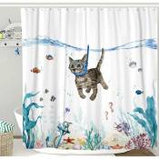 Rideau de douche chat drôle bleu sarcelle mer océan