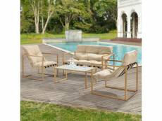 Salon de jardin table basse avec canapé et chaises extérieures en acier avec coussins oléfines et plateau de table en verre imitation bois kaki [casa.