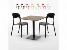 Table 60x60 pied noir et plateau bois + 2 chaises colorées