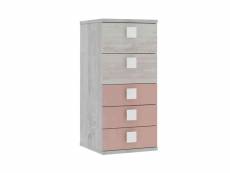 Chiffonnier 5 tiroirs en bois gris clair et rose - cf9071