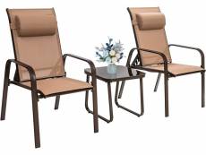 Costway 3 pcs ensemble de bistrot d'exterieur 3,chaises empilables de terrasse avec dossier reglable et table basse en verre rrempee, pour salon de ja