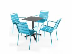 Ensemble table de jardin stratifié ardoise gris et 4 fauteuils bleu
