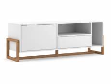 Meuble tv BIDENS avec étagères et armoires de style scandinave. Couleur: blanc / bois de hêtre naturel