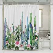 Norcks - Rideau de douche 180 x 180cm vert cactus rose avec 12 anneaux en c - Motif fleurs et plantes - Tissu résistant à la moisissure - Lavable