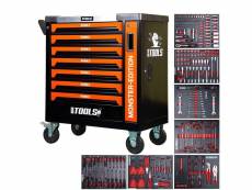 Servante d'atelier bm tools 9-7 monster-edition-orange 7 tiroirs pleins, 1 porte & 1 tiroir vertical - 257 outils, sur roulettes