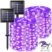 Set de 2 cordes de lumières solaires extérieures imperméables violettes, Halloween Solaire led Fairy Light, 8 modes de lumière de fil de cuivre pour