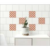 Sticker carrelage adhésif décoratif losanges blancs et ronds orange, 15 cm x 15 cm, 6 pièces, style céramique. - Orange