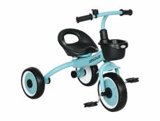 Tricycle enfant multi-équipé garde-boue sonnette panier pédales antidérapantes siège réglable avec dossier métal bleu ciel