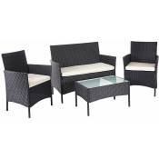 Décoshop26 - Salon de jardin avec fauteuils banc et table en poly-rotin noir et coussin crème