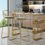 Ensemble de bar, 1 table de bar et 2 chaises de bar, structure en velours gris et fer doré avec étagères