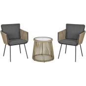 Ensemble salon de jardin 3 pièces style colonial 2 fauteuils avec coussins gris + table basse résine filaire beige - Gris