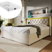 Lit double coffre 160x200cm avec fonctions hydrauliques et coffre de lit, tête de lit led, rangements, lit ado avec sommier à lattes - beige (avec