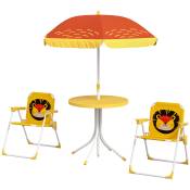 Outsunny Ensemble salon de jardin enfant 4 pièces motif du lion avec parasol réglable Ø 100 cm chaise pliable jaune