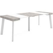 Table console extensible, Console meuble, 220, Pour 10 personnes, Pieds en bois, Style moderne, Blanc et ciment - Skraut Home