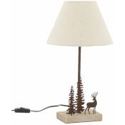 Aubry Gaspard - Lampe en métal et bois décor Forêt 1 cerf + 2 sapins - Naturel